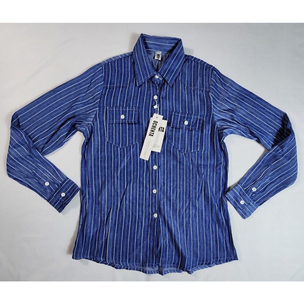 Retro Vertical Striped Button Down Shirt Long Sleeve Mens Size XS Blue